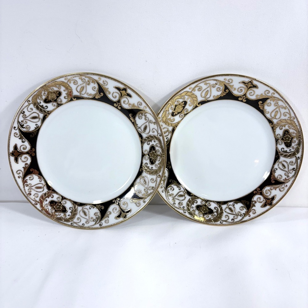 Vintage Noritake Saucer Plates Pair Gold Encrusted W Black Saucer 6 5/8" c. 1924